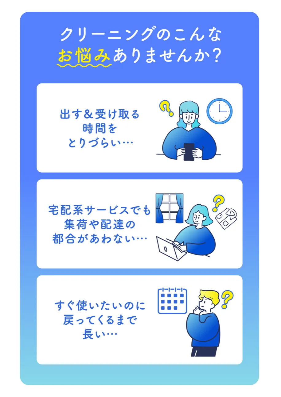 クリーニングのこんなお悩みありませんか？ 出す＆受け取る時間をとりづらい… 宅配系サービスでも集荷や配達の都合があわない… すぐ使いたいのに戻ってくるまで長い…